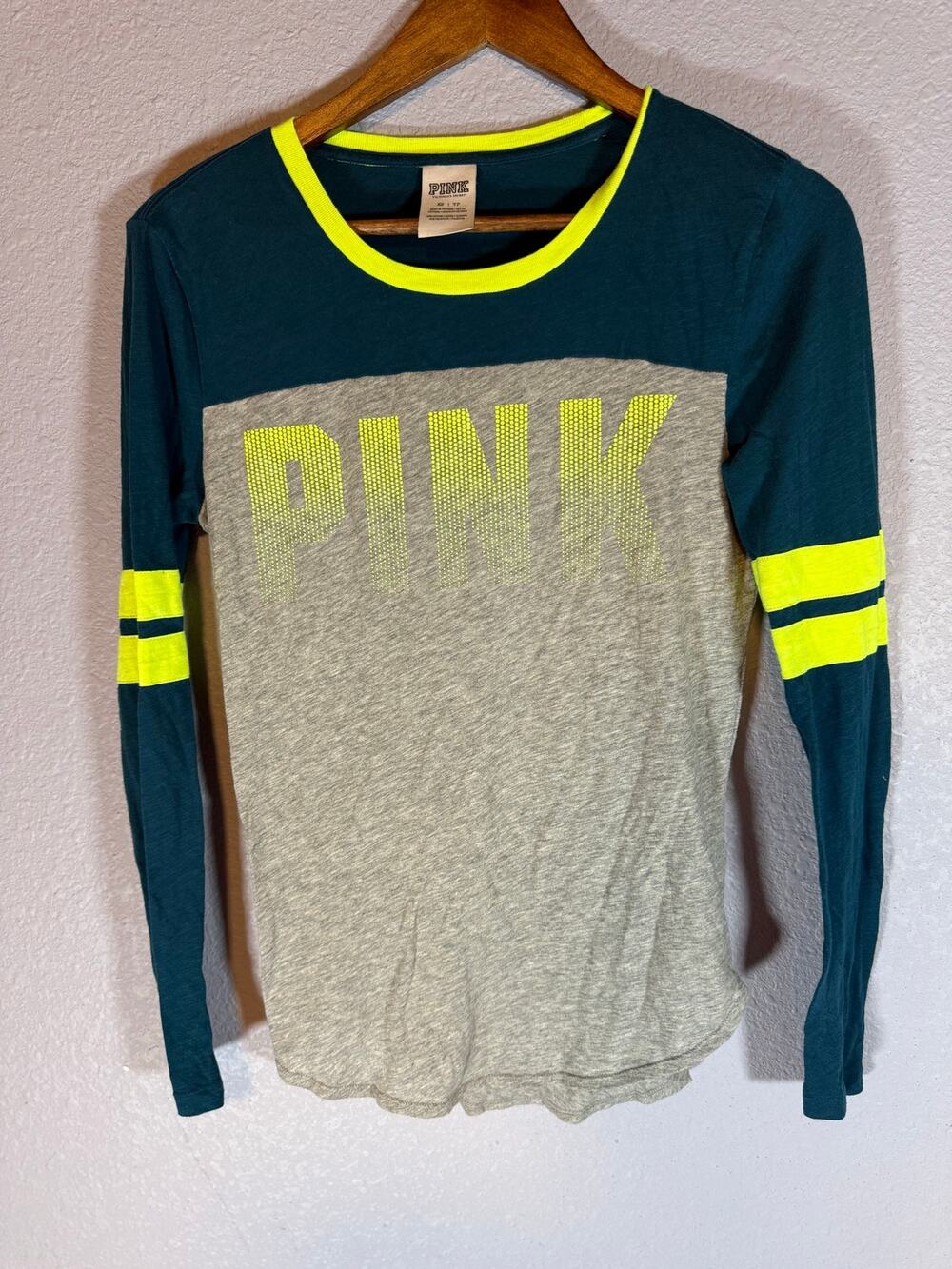 Victoria’s Secret PINK XS Teal Gray Neon Yellow Long Sleeve Shirt